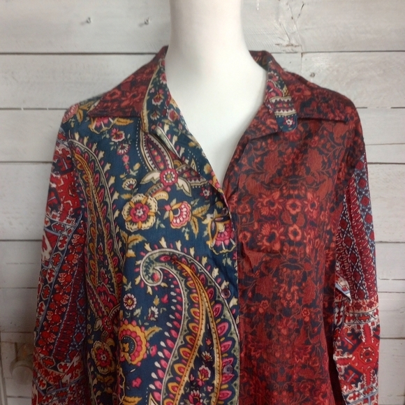 Intro Women's Large Floral Paisley Boho Print Point Collar Long Sleeve Tunic - Picture 2 of 12